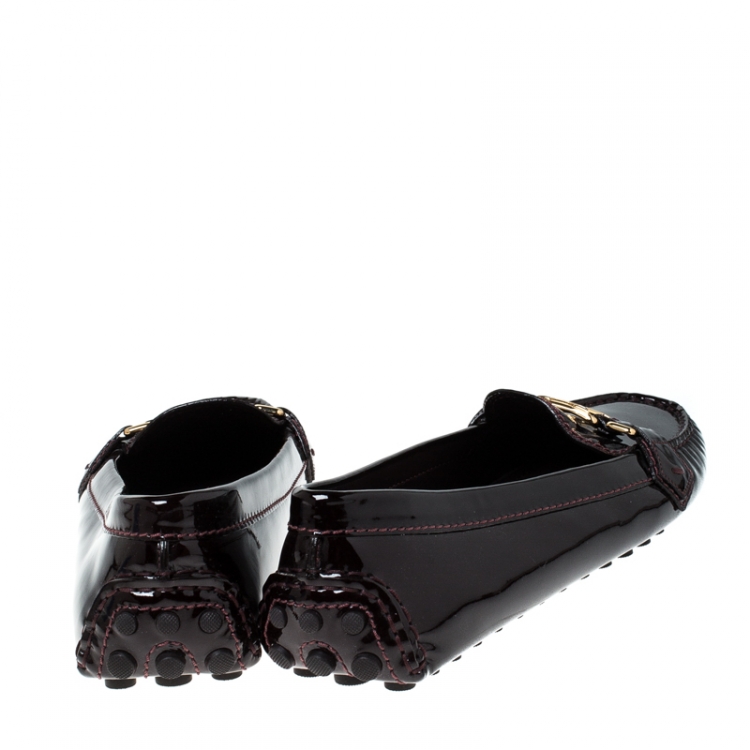 Pre Owned Louis Vuitton Burgundy Patent Leather Oxford Logo Slip On Loafers Size 41