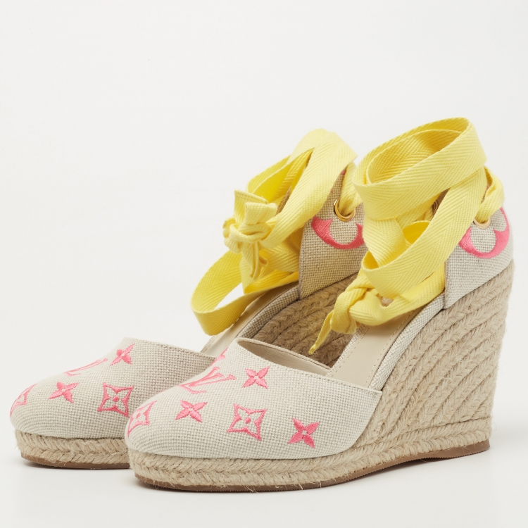 Pre Owned Louis Vuitton Beige Monogram Canvas Wedge Espadrille Pumps Size 37.5
