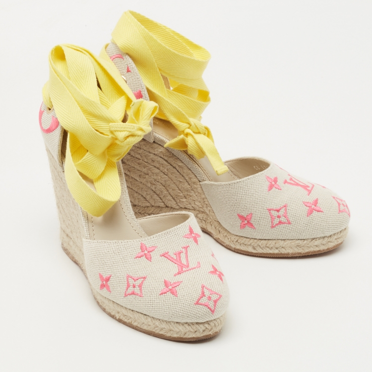 Pre Owned Louis Vuitton Beige Monogram Canvas Wedge Espadrille Pumps Size 37.5