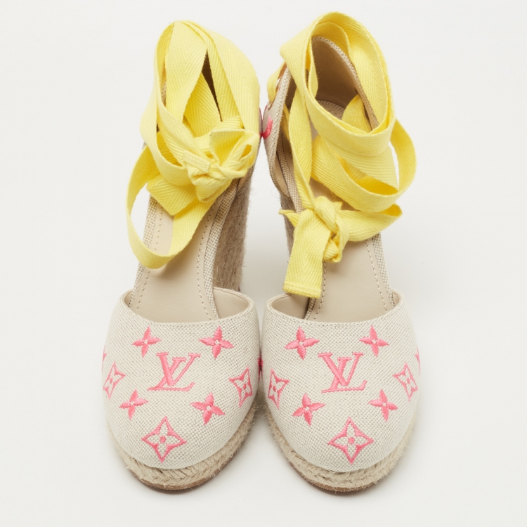 Pre Owned Louis Vuitton Beige Monogram Canvas Wedge Espadrille Pumps Size 37.5