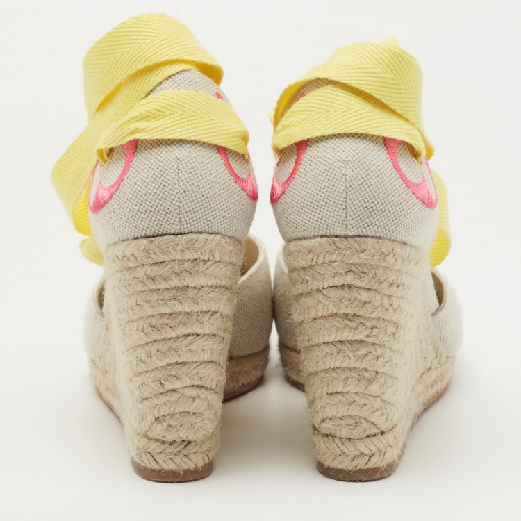 Pre Owned Louis Vuitton Beige Monogram Canvas Wedge Espadrille Pumps Size 37.5
