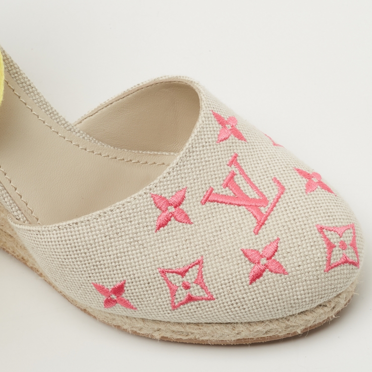 Pre Owned Louis Vuitton Beige Monogram Canvas Wedge Espadrille Pumps Size 37.5