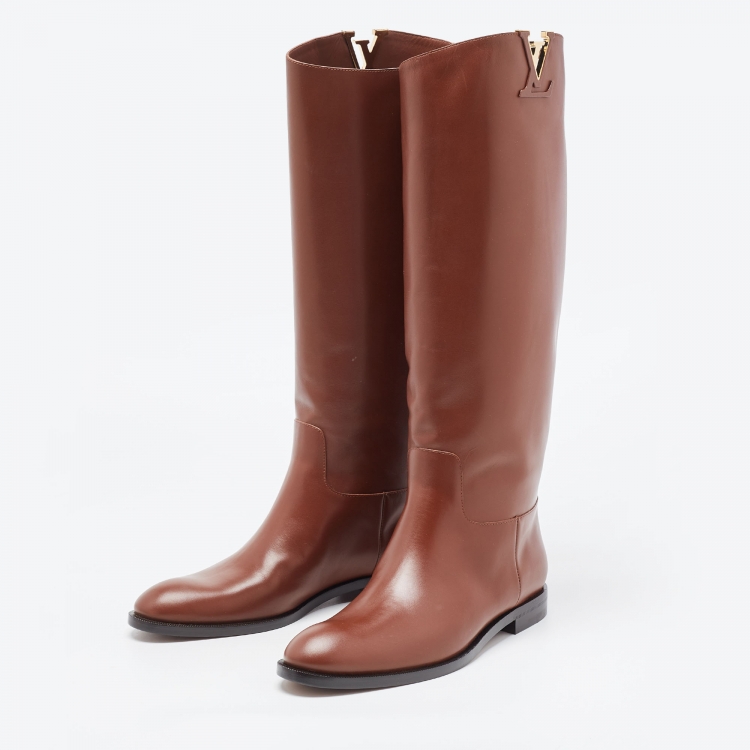 Pre Owned Louis Vuitton Brown Leather Heritage Knee Length Boots Size 38