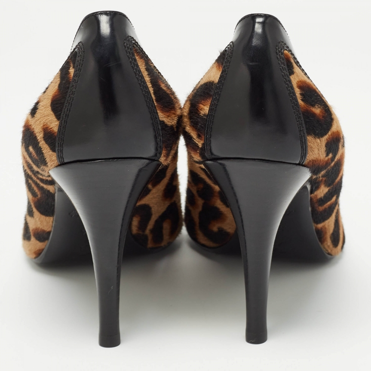 Pre Owned Louis Vuitton Tricolor Leopard Print Calf Hair and Leather Cap Toe Pumps Size 38.5