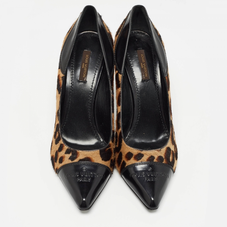 Pre Owned Louis Vuitton Tricolor Leopard Print Calf Hair and Leather Cap Toe Pumps Size 38.5