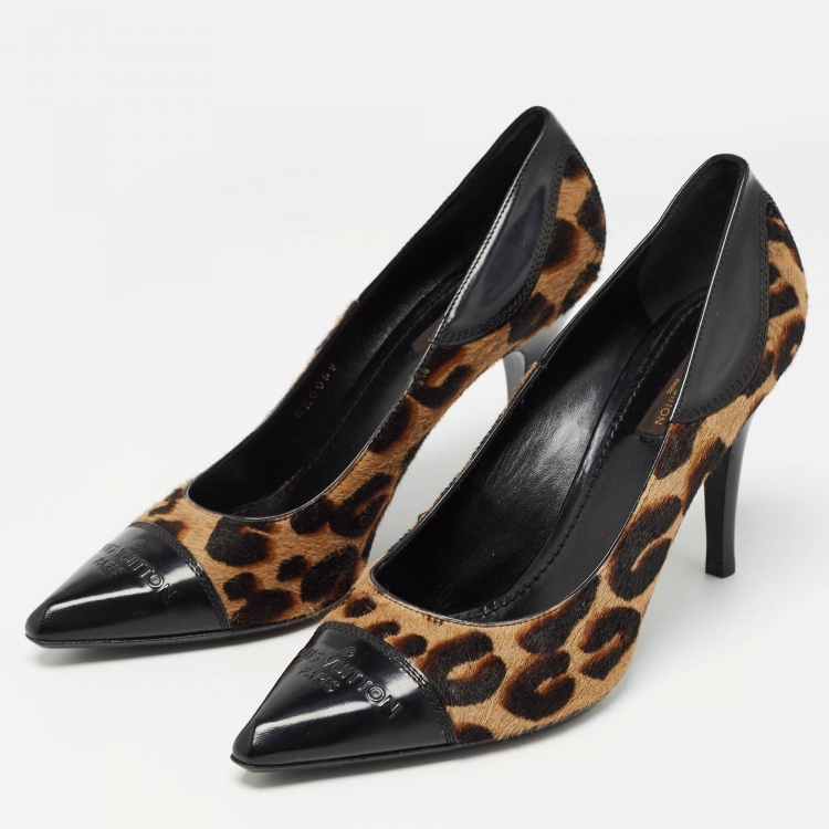 Pre Owned Louis Vuitton Tricolor Leopard Print Calf Hair and Leather Cap Toe Pumps Size 38.5