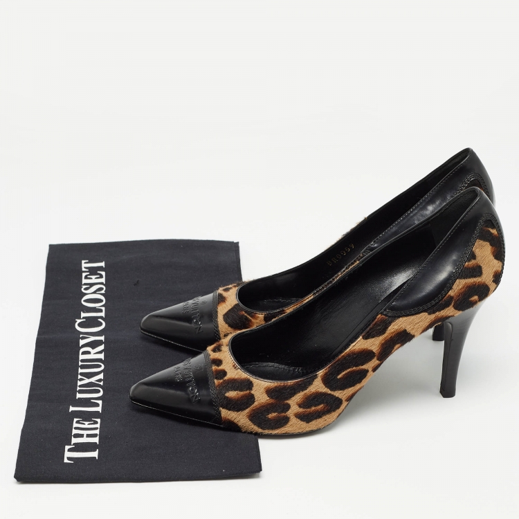 Pre Owned Louis Vuitton Tricolor Leopard Print Calf Hair and Leather Cap Toe Pumps Size 38.5