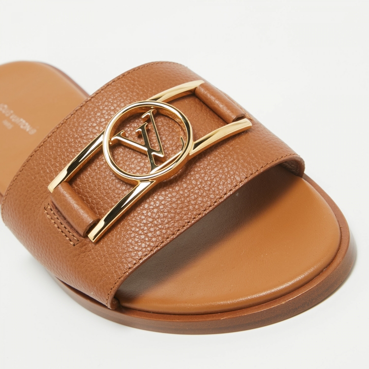 Pre Owned Louis Vuitton Brown Leather Lock It Flat Slides Size 40