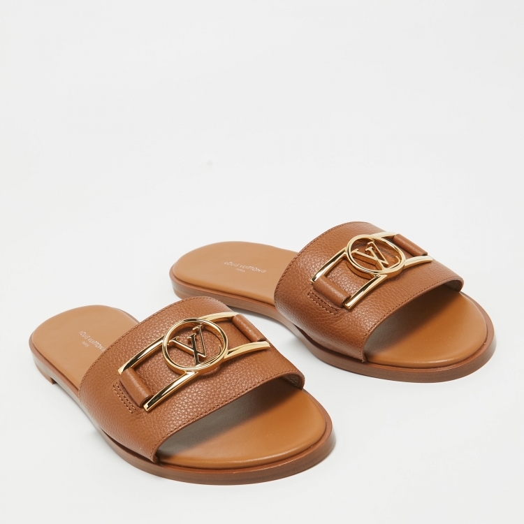 Pre Owned Louis Vuitton Brown Leather Lock It Flat Slides Size 40