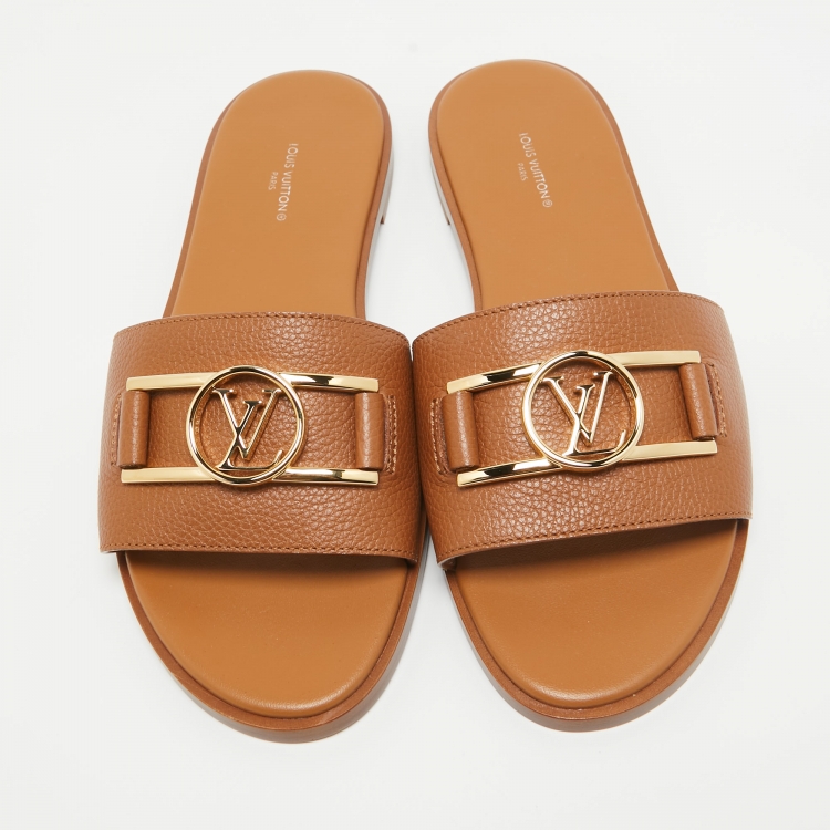 Pre Owned Louis Vuitton Brown Leather Lock It Flat Slides Size 40