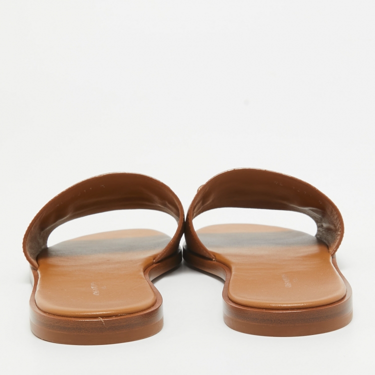 Pre Owned Louis Vuitton Brown Leather Lock It Flat Slides Size 40