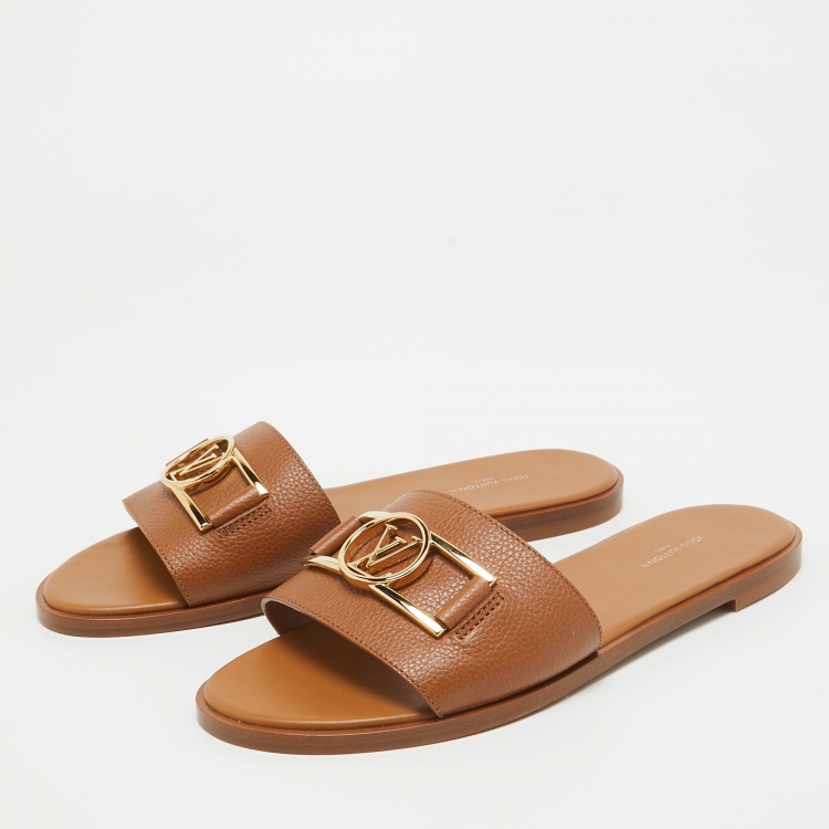 Pre Owned Louis Vuitton Brown Leather Lock It Flat Slides Size 40