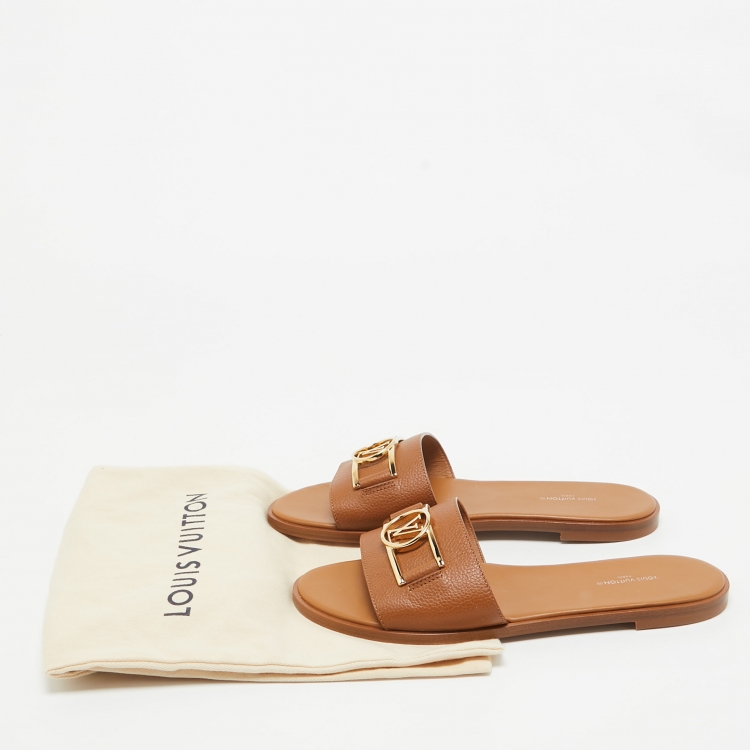 Pre Owned Louis Vuitton Brown Leather Lock It Flat Slides Size 40