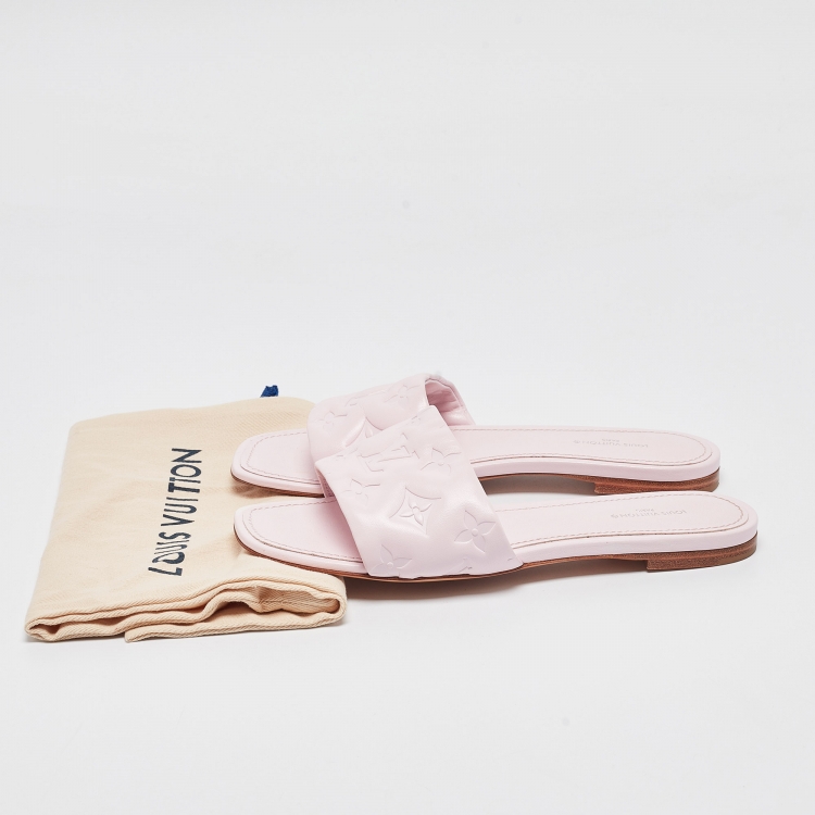 Pre Owned Louis Vuitton Pink Monogram Embossed Leather Revival Flat Slides Size 37