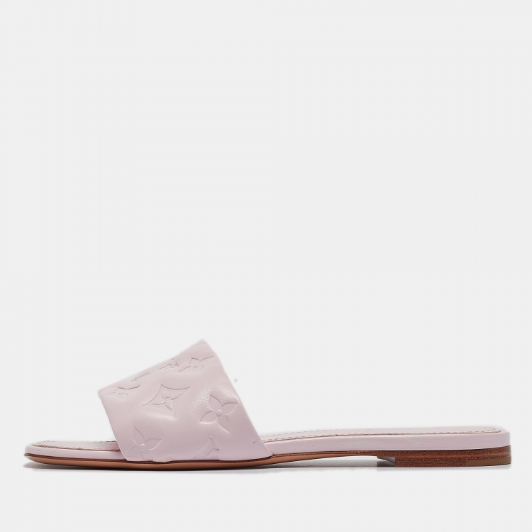 Pre Owned Louis Vuitton Pink Monogram Embossed Leather Revival Flat Slides Size 37