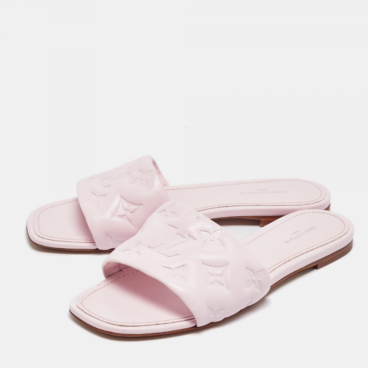 Pre Owned Louis Vuitton Pink Monogram Embossed Leather Revival Flat Slides Size 37