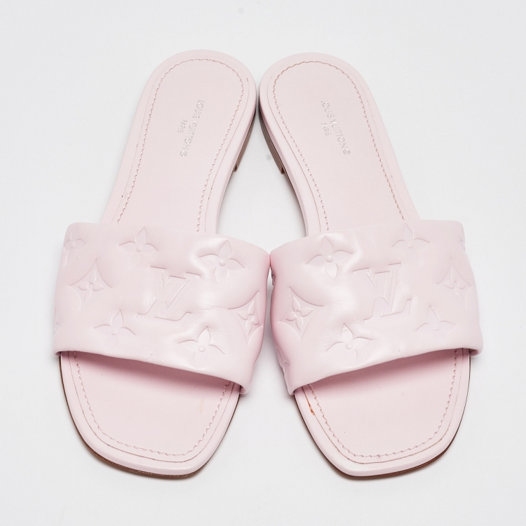 Pre Owned Louis Vuitton Pink Monogram Embossed Leather Revival Flat Slides Size 37