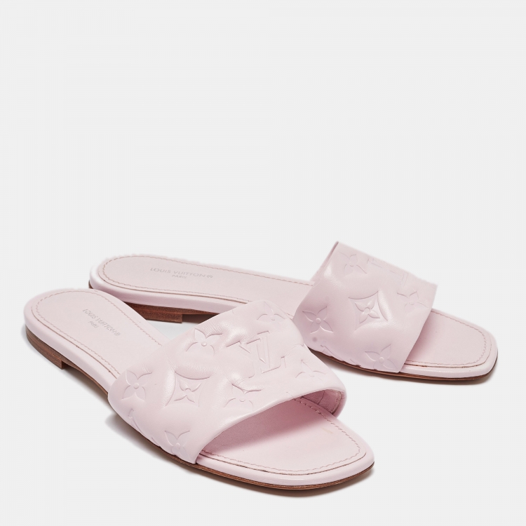 Pre Owned Louis Vuitton Pink Monogram Embossed Leather Revival Flat Slides Size 37