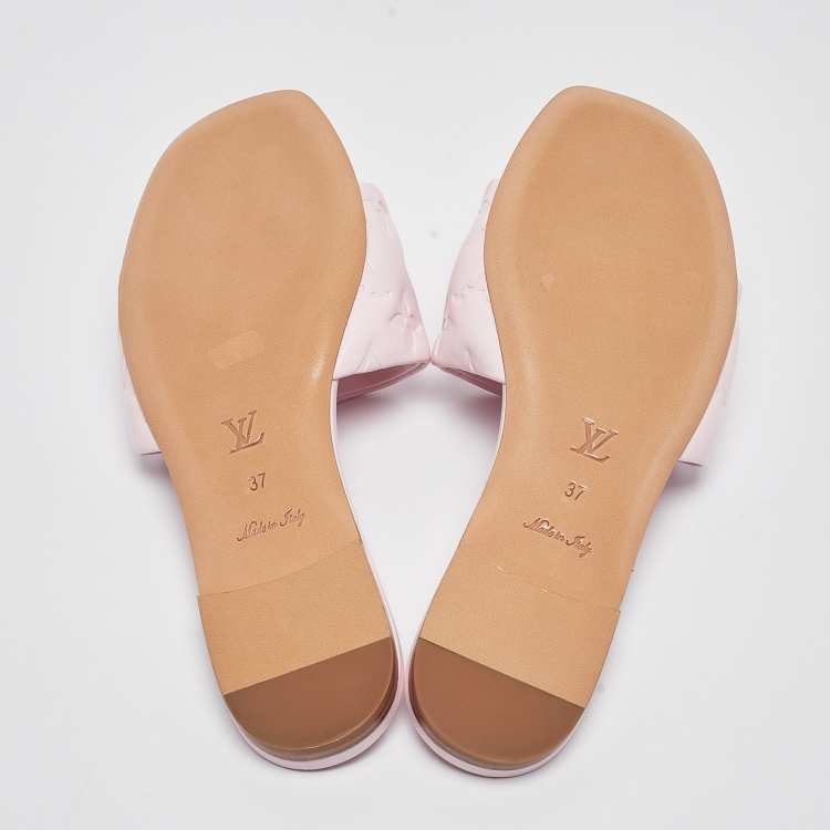 Pre Owned Louis Vuitton Pink Monogram Embossed Leather Revival Flat Slides Size 37