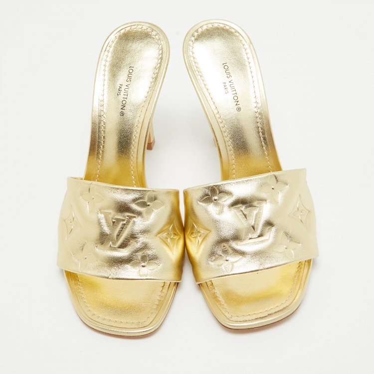 Pre Owned Louis Vuitton Gold Monogram Embossed Leather Revival Slide Sandals Size 37