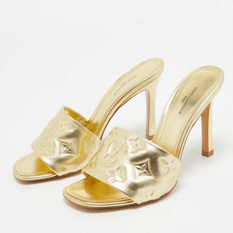 Pre Owned Louis Vuitton Gold Monogram Embossed Leather Revival Slide Sandals Size 37