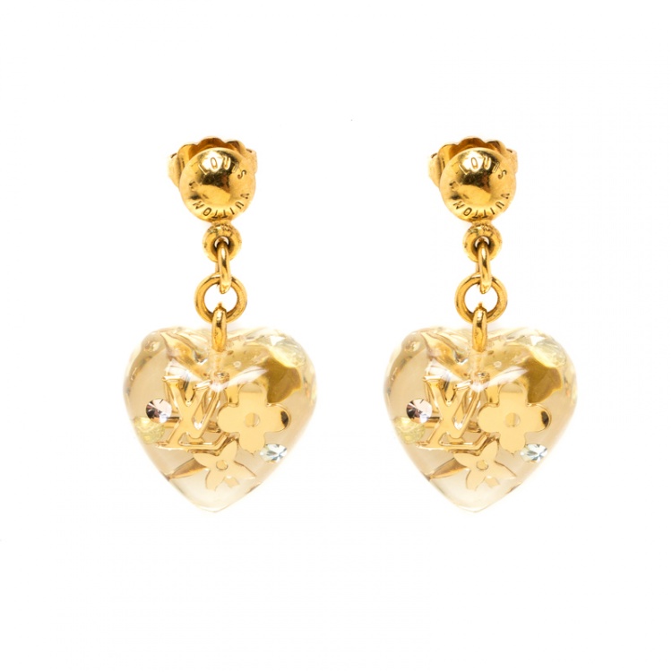 Louis Vuitton Clear Resin Monogram Inclusion Gold Tone Heart Drop Earrings  Louis Vuitton | The Luxury Closet