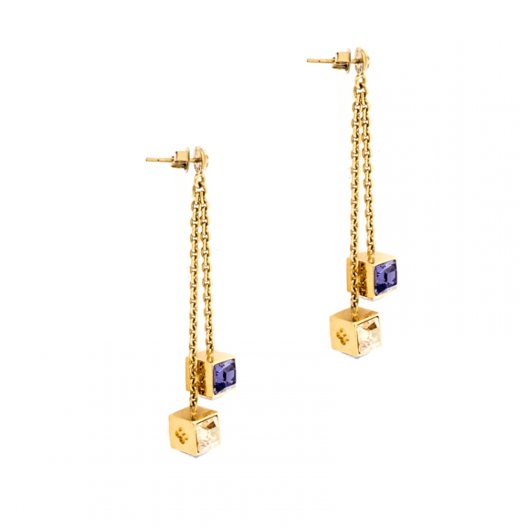 Louis Vuitton Gamble Crystal Gold Tone Long Dangle Earrings For