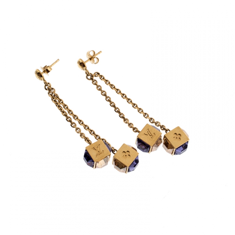 Pre Owned Louis Vuitton Gamble Crystal Gold Tone Long Dangle Earrings