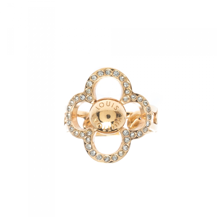 Louis Vuitton Flower Crystal Studded Gold Tone Ring Size 54.5