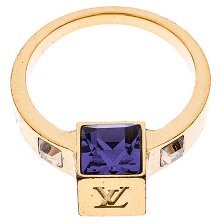 Pre Owned Louis Vuitton Gamble Crystal Gold Tone Ring 54