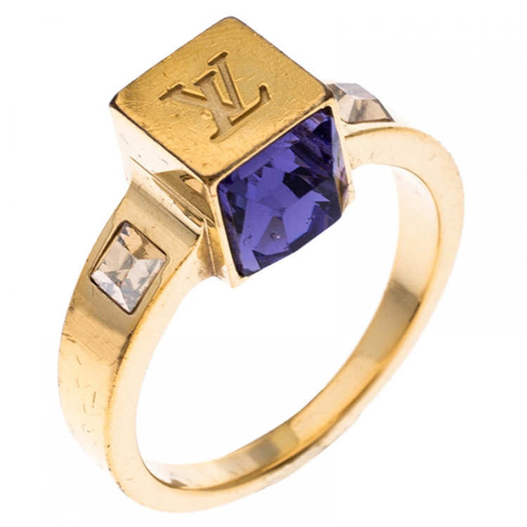 Pre Owned Louis Vuitton Gamble Crystal Gold Tone Ring 54