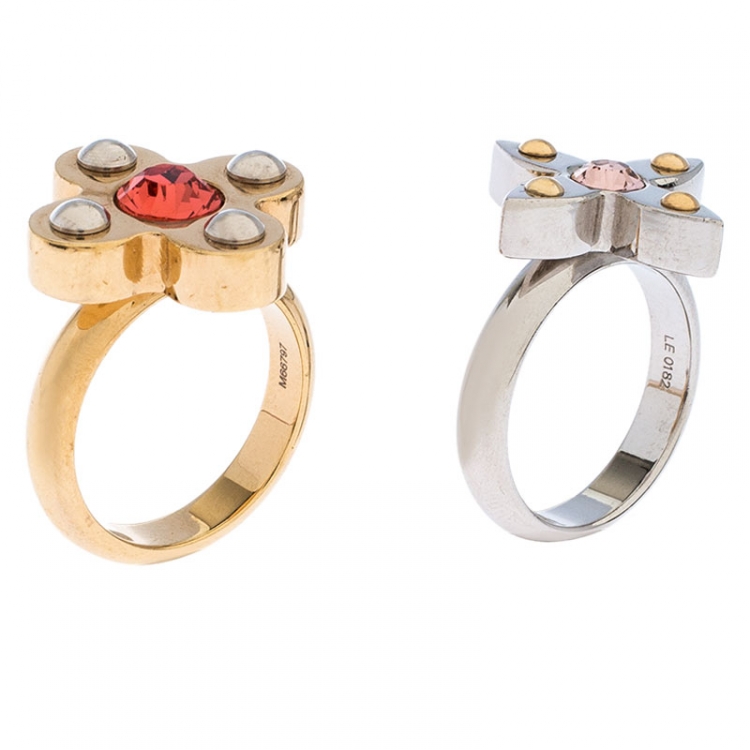Louis Vuitton Love Letters Crystal Gold and Silver Tone Set of 2 Rings