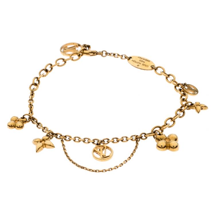 Louis Vuitton Blooming Supple Gold Tone Charm Bracelet Louis