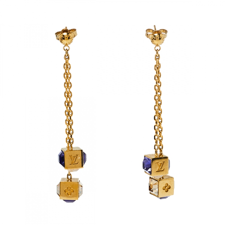 Louis Vuitton Gamble Crystal Gold Tone Long Dangle Earrings For