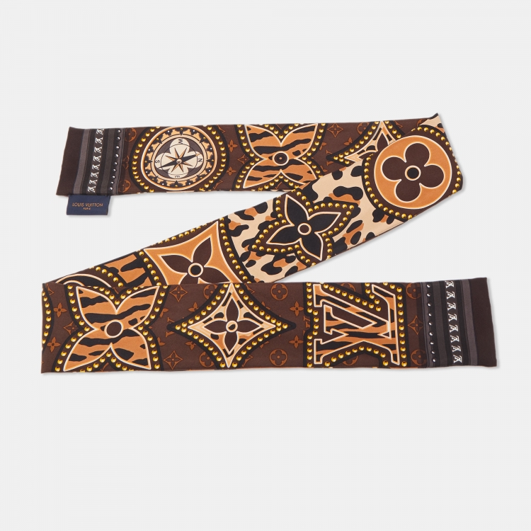 Pre Owned Louis Vuitton Brown Logo Printed Silk Bandeau Scarf