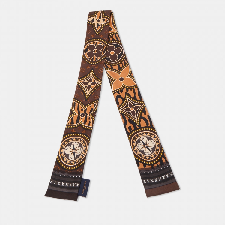 Pre Owned Louis Vuitton Brown Logo Printed Silk Bandeau Scarf