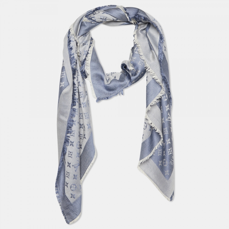 Pre Owned Louis Vuitton Bleu Clair Monogram Silk & Wool Denim Shawl