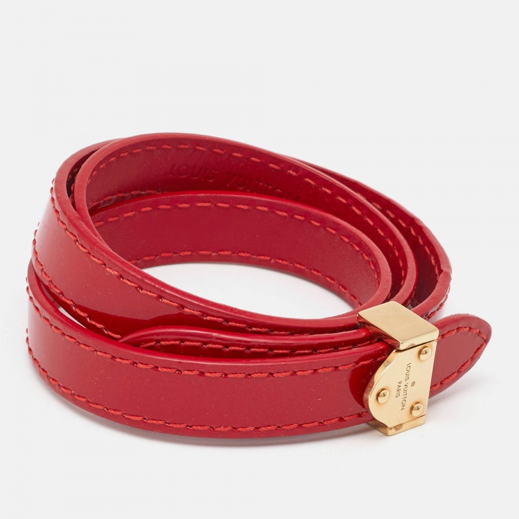 Pre Owned Louis Vuitton Red Leather Gold Tone Wrap Bracelet