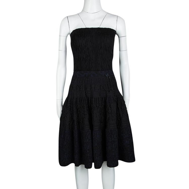 Pre Owned Louis Vuitton Black and Navy Blue Puckered Effect Silk Knit Strapless Dress S