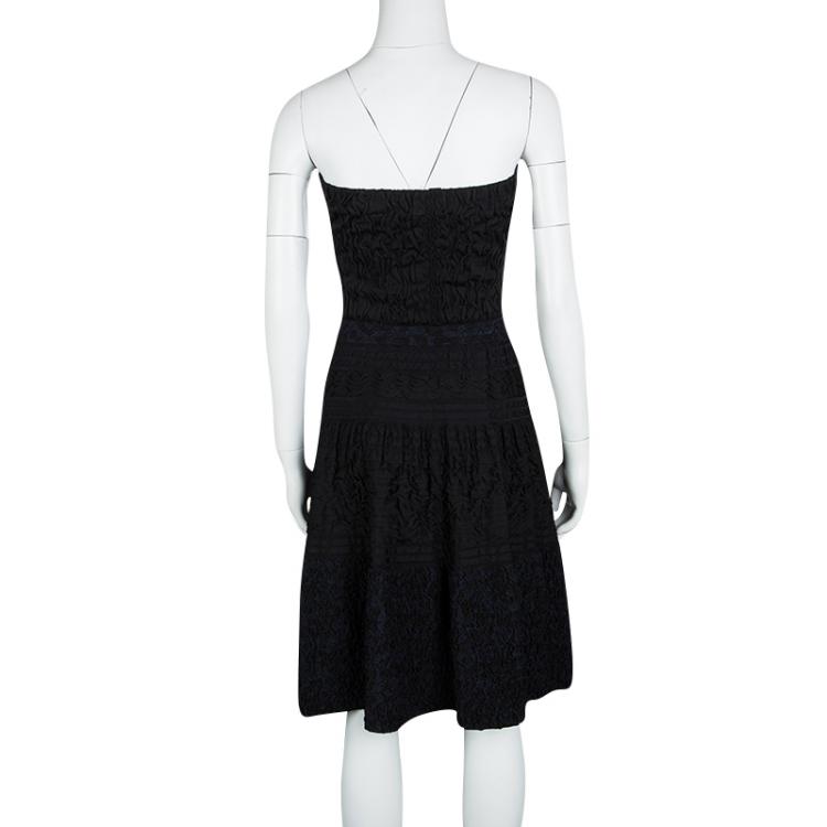 Pre Owned Louis Vuitton Black and Navy Blue Puckered Effect Silk Knit Strapless Dress S