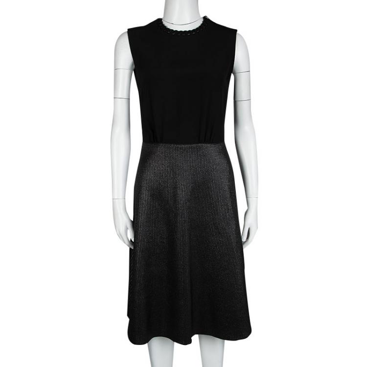 Pre Owned Louis Vuitton Black Leather Trim Textured Skirt Detail Sleeveless Dress S