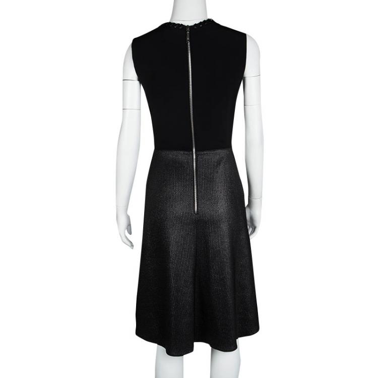 Pre Owned Louis Vuitton Black Leather Trim Textured Skirt Detail Sleeveless Dress S