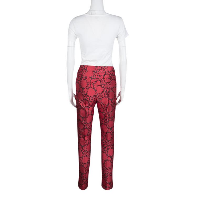 Pre Owned Louis Vuitton Red Jacquard Lace Print Pants M