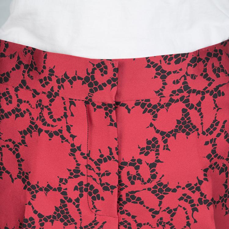 Pre Owned Louis Vuitton Red Jacquard Lace Print Pants M
