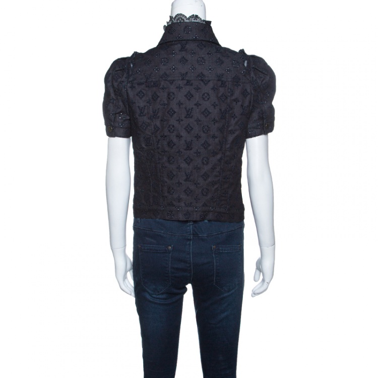 Pre Owned Louis Vuitton Indigo Monogram Eyelet Embroidered Denim Short Sleeve Shirt M