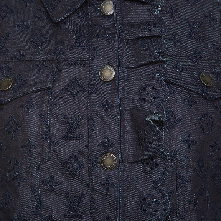 Pre Owned Louis Vuitton Indigo Monogram Eyelet Embroidered Denim Short Sleeve Shirt M
