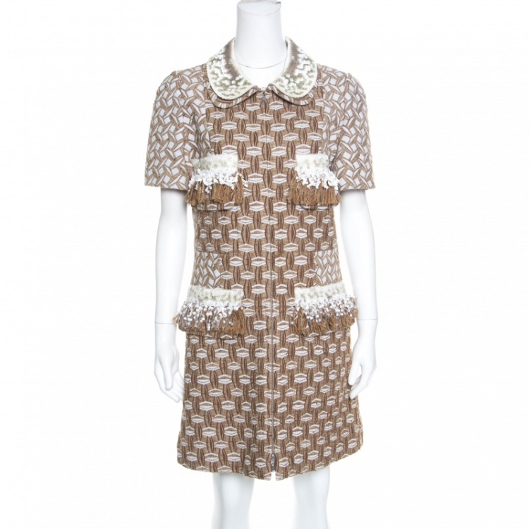 Pre Owned Louis Vuitton Tan Embroidered Sequined Fringe Trim Dress Coat L