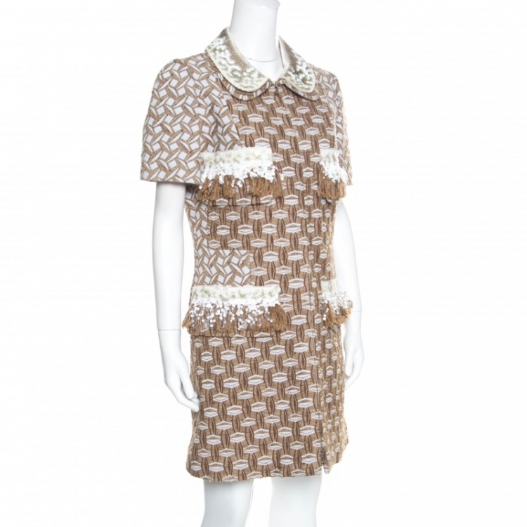 Pre Owned Louis Vuitton Tan Embroidered Sequined Fringe Trim Dress Coat L