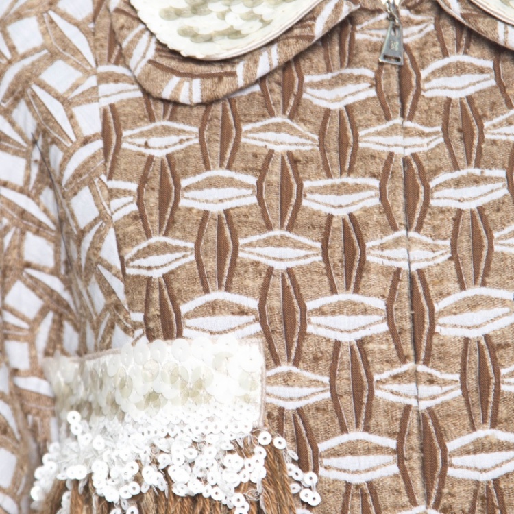 Pre Owned Louis Vuitton Tan Embroidered Sequined Fringe Trim Dress Coat L