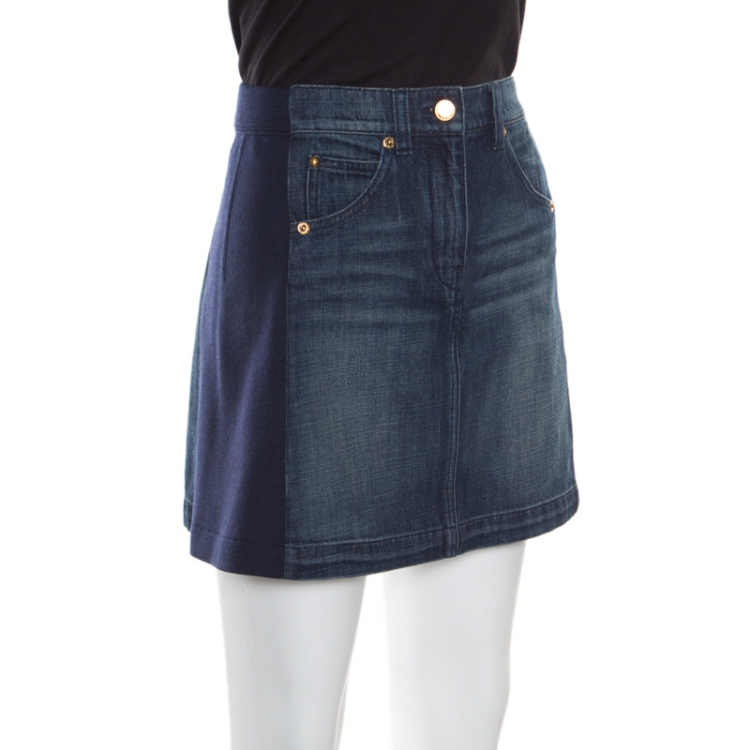 Pre Owned Louis Vuitton Indigo Faded Effect Denim Side Paneled Mini Skirt S